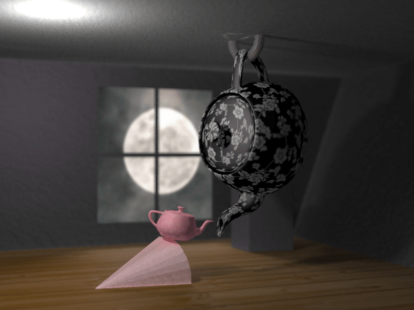 ray tracer final render Utah teapot suicide, titled 'One Fateful Night'